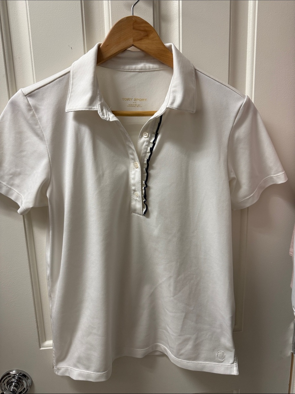 Tory Burch White Short-Sleeve Polo with Black Ruffle Placket